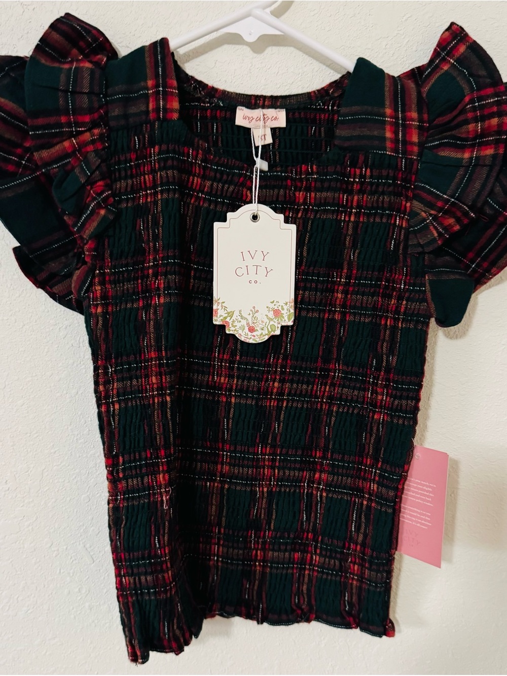 Ivy City Co Girls Plaid Jacket in Dark Green and Red